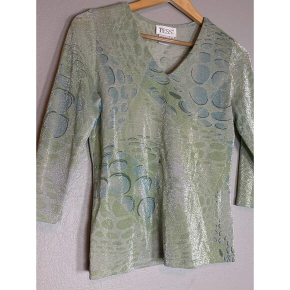 Y2K Tess Metallic Shimmery Top Blouse Womens Medium Fairy Fairycore Sage Green - Picture 2 of 6